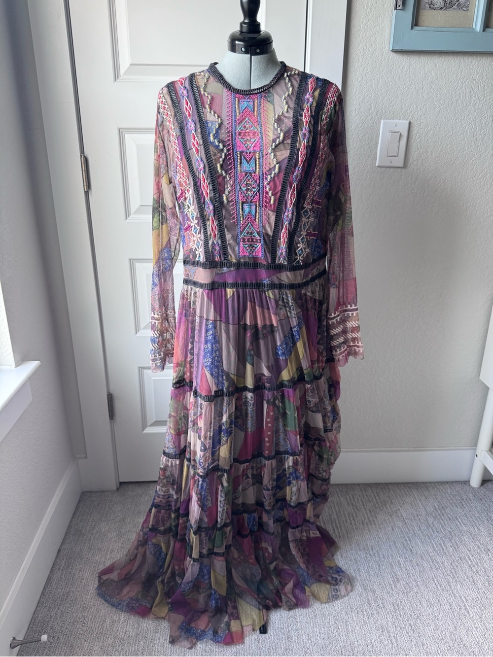 Bohemian Patchwork Multi-Color Long Sleeve Maxi Dress